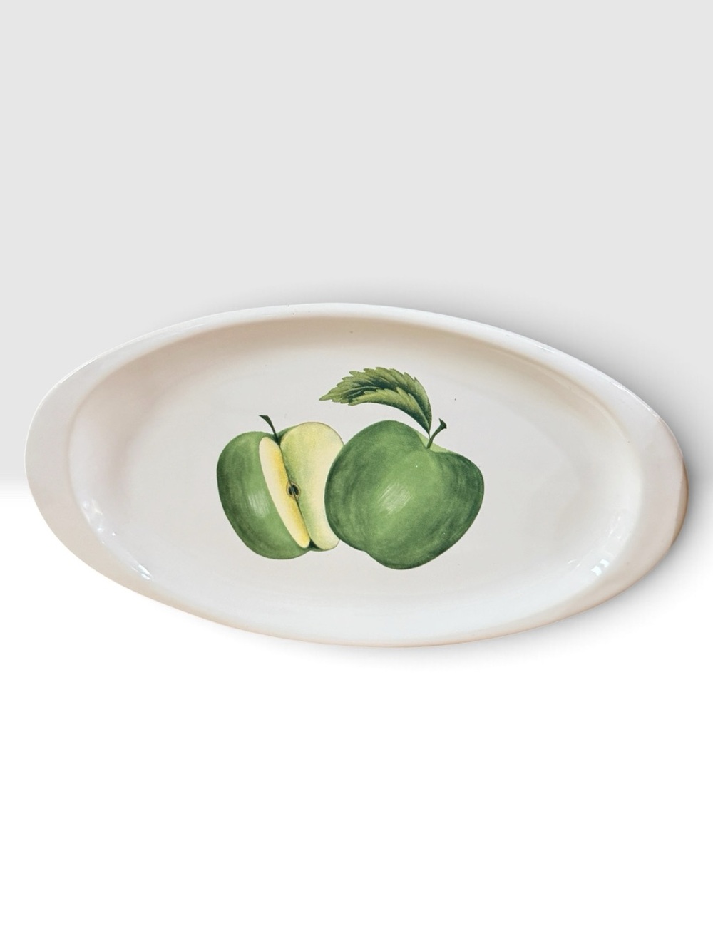 White Ceramic Serving Platter with Green Apple Design